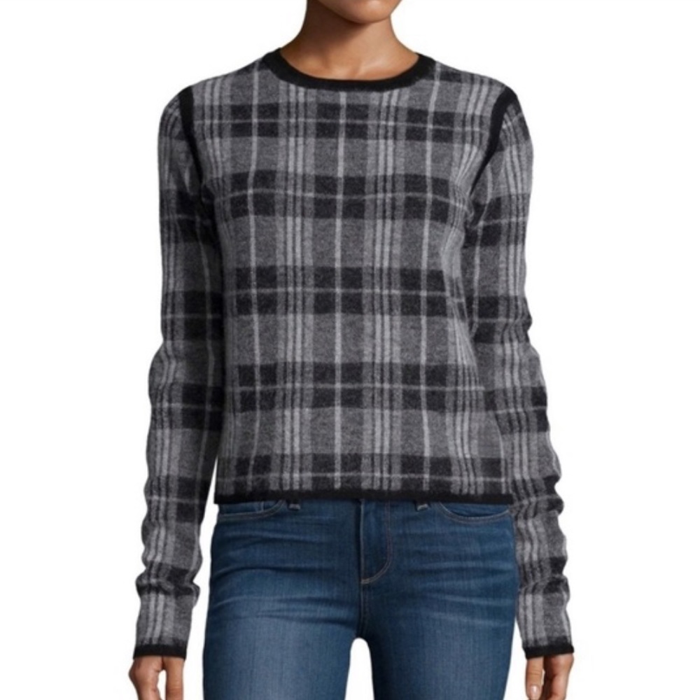 gray/black plaid crew neck sweater by PAIGE